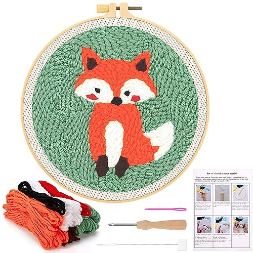 JSRQT Punch Needle Broderie Kit Renard Crafts Kit D'aiguilles à Poinçonner pour Adultes Enfants Débutants Kit Adjustable avec Instructions