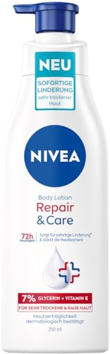 NIVEA Repair & Care Body Lotion, feuchtigkeitsspendende & nicht fettende Körpercreme im praktischen Pumpspender, schnell einziehende Lotion mit Vitamin E & Glycerin, für trockene & raue Haut (250 ml)