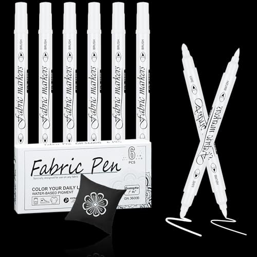 AFEION 6 Stück Textilstifte Waschmaschinenfest, Weiß Dual Tip Textilmarker, 1-5mm Stoff stifte waschfest Textilmarker, Textilfarbe Stoffmalstifte für T-Shirt Textilien