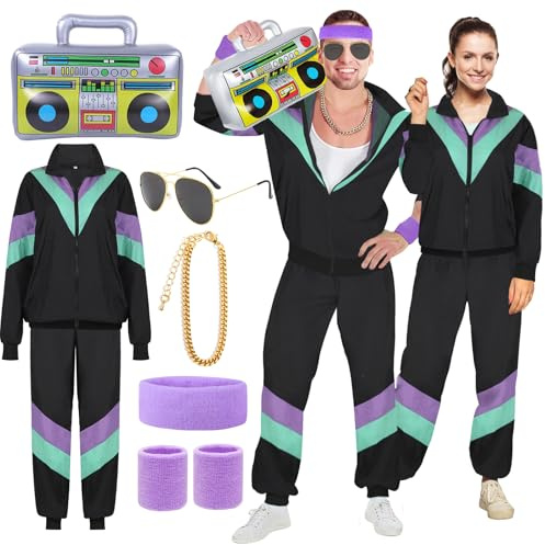 YADODO Déguisement Année 80 90 Femme Homme Costume Annee 80 Survêtement Ensemble avec Veste et Pantalon Deguisement Annee 80 Accessoire Costume Disco Rétro pour Carnaval, Soirée Deguise, Jogging(XXL)