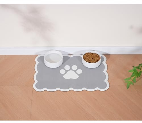 Ralxion Tapis d'alimentation festonné pour chien, tapis absorbant pour gamelle d'eau et de nourriture pour chien, distributeur, joli et élégant, set de table festonné gris pour chiens, chats, chiots,