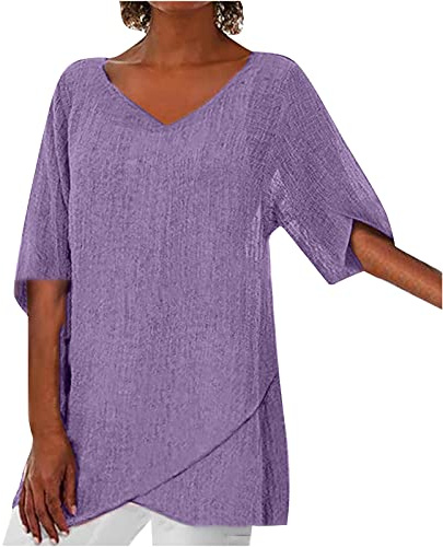 Tallas Grandes Casual Camiseta Mujer,Media Manga Camisetas Mujer Verano de Mangas con Volantes Informal Camisetas de Cuello en Pico con Dobladillo Irregular Moda Color Sólido Blusas