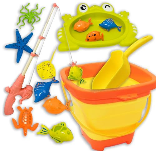 COO11 13Pcs Kids Bath Toys Set, Magnetic Fishing Game and Beach Bucket Toys, Foldable Bucket, Fishing Rod, Turtle and Fish Toys, Shovels, Pool Play Gift for Boys and Girls Ages 3+ Years