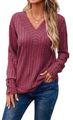 Akiooue Ladies Jumpers, V Neck Tops for Women UK Tops 16 Sweater Women UK Ladies V Neck Knit Blouse Womens Elegant Red Jumpers Buttons Sweaters Long
