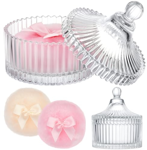 Tioncy 3 Pcs Large Body Powder Puff and Container Valentine's Day gift Powder Container with Puff Crystal Case Soft Washable Reusable Velour Face Body Glitter Wet Dry Makeup (Classic,Clear)