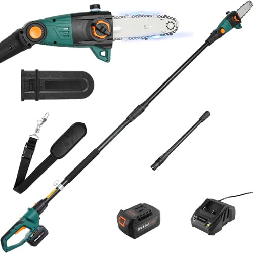 Élagueur sur Perche sans Fil, Perches Élagueuses, Batterie Li-Ion 20 V 4,0Ah/Chargeur, Lame de 24 cm, Vitesse de Chaîne 5 m/s, avec Extension de 68cm & Bandoulière, Tête Inclinable à 30°, Portée 3 m
