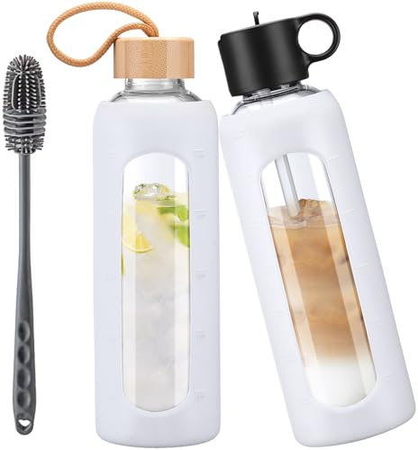 HYDRAGLAZIC 750ml Glass Water Bottle With 2 Lids-Flip Straw Lid, Bamboo Lid, Glass Water Bottle With Silicone Sleeve, Motivational Time Marker, Glass Juice Bottle for Cold Drink,White