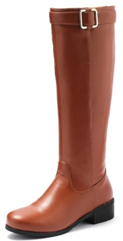 HQINGAXU Femme Bottes Hautes Cuir À Bout Rond avec Boucle Longues Bottes avec Fermeture Éclair Talon Bas Chunky Bottes De Motard Hiver Mollet Large Bottes De Travail,Marron,43.5 EU