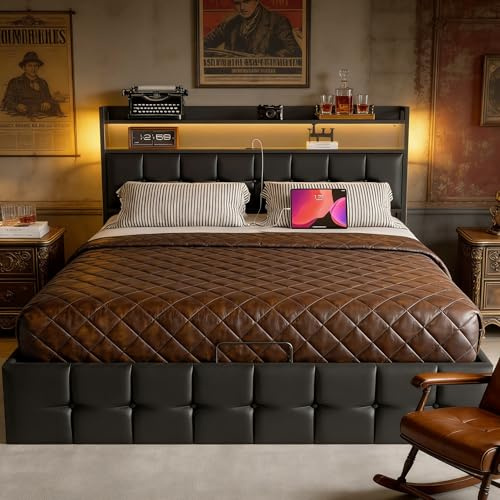 WOBOPCG Letto Imbottito 160x200, Letto Contenitore con LED e USB Letto Matrimoniale con Contenitore Struttura Letto con Testiera Imbottita Letto per 2 Persone (Nero, Modello A, 160x200 cm)