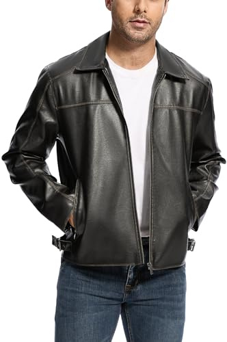 Fahsyee Leather Jacket Men Faux Lightweight Bomber Jackets Mens Motorcycle Vintage Lapel Coats with Zipper and Pockets Size S, Black