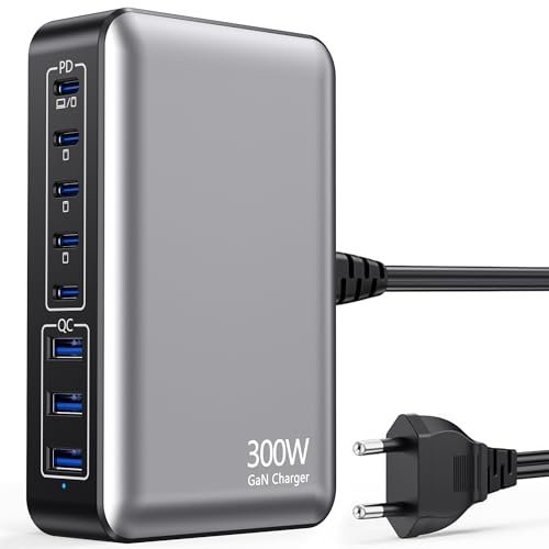 300W Multiple USB-C Charger, 8 Puertos GAN, estación de Carga con 5 Puertos Type-C + 3 Puertos USB-A, Fuente de alimentación PD de 100 W, Compatible con iPhone/Galaxy/Pixel/MacBook Pro/Air/DELL