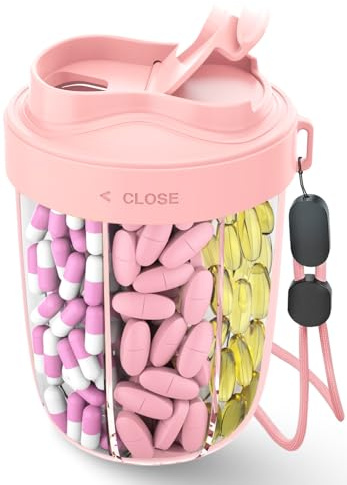 Large Pill Organizer,Supplement Organizer for 7 Different Vitamins,Pill Dispenser with Anti-Mixing Design,Easy to Retrieve Meds,Includes 20 Pcs Labels,Travel Pill Organizer(Pink)