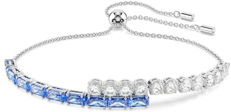 Swarovski Matrix Tennis Armband, Rhodiniertes Damenarmband mit Klaren und Blauen Zirkonia in Rund- und Baguette-Schliffen, Mit Kugelschiebeverschluss, Armbandlänge: 16-24 cm, Armbandbreite: 0.7 cm