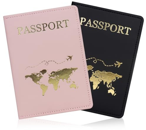 FuninCrea Porta passaporto, copertura passaporto, portafoglio da viaggio in pelle sintetica con più scomparti, portafoglio sottile con motivo dorato per passaporto, biglietti da visita, biglietti da
