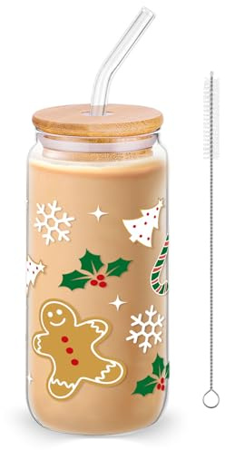 NatNarr 1Pcs Christmas Glasses Cup, 16 oz Christmas Cups with Lid Brush and Straw Snowflake Gingerbread Ma Iced Coffee Cups, Stocking Stuffers for Adult Glasses Drinking for Women Kids Gift