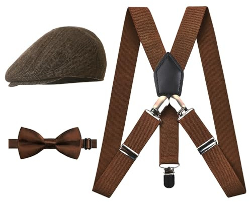Alizeal 2.5cm Elastic Braces 3 Clip Suspender and Bow Tie Set with Hat for Kids, Coffee-02