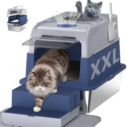 XXL Arenero Acero Inoxidable Gatos con Tapa, Arenero Gatos Cubierto Cityflee, Caja de Arena Cubierta con Entrada Superior y Frontal, Incluye Alfombrilla y Palita, Control de Olores, Antifugas