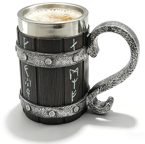 XJJAUGKLY Brocca di legno vichingo, 600 ml, con acciaio inossidabile, brocca di birra medievale con rune, realizzata a mano e stabile, per birra, idromassaggio e bevande, brocca di legno vichingo