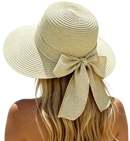 OPLERT Chapeau de Paille Femme avec Nœud, Chapeau de Soleil Bord Large (10,5cm) Réglable (56-58cm) Pliable pour Plage