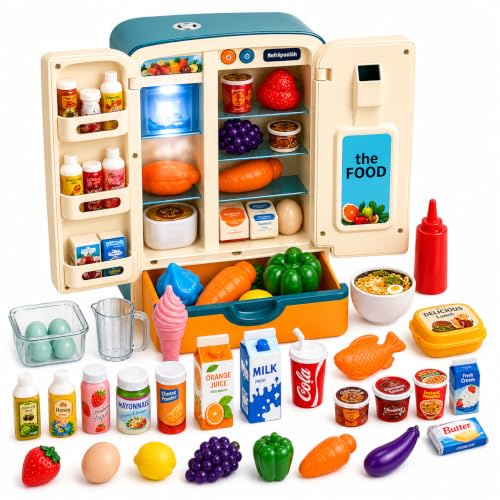 Toyana Kitchen Toy Fridge for Kids with 23 PCs Play Food Groceries Set, Mini Refrigerator with Mist Spray, Lights & Music, Realistic Kitchen Appliances Gift Toy for Children 3+ Years