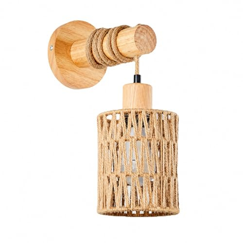 Genérico Apliques de Pared de Mimbre Natural, Lámpara Decorativa Boho con Soporte de Madera para Dormitorio, Salón y Pasillo (1, Modelo de cuerda de cáñamo)