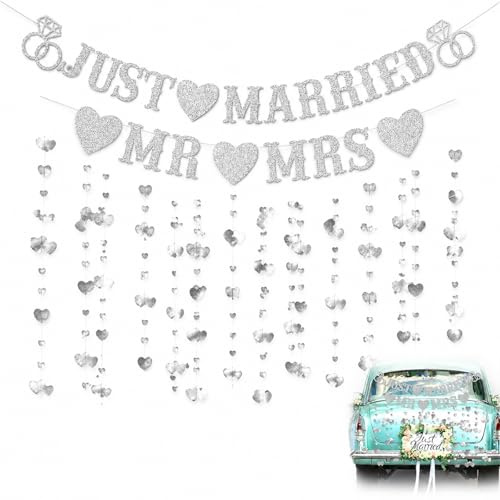 3 Pc Silver Just Married Decor Set, Glitter Heart Banner for Wedding | Sparkling Metallic Finish, Complete Kit, Ideal for Receptions Ceremonies Photo Displays Newlywed Home Celebration
