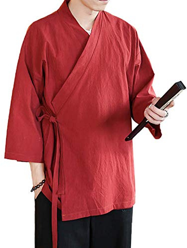 Mens Chinese Style Linen Cardigan Wrap Front Loose Fit Kimono Jacket Solid Color Self Tie Hanfu Top Cover Up Traditional Clothing (Red, L)
