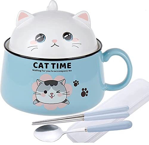 Ramen - Cuenco con tapa, diseño de gato dulce y asa, cuenco de cerámica de 1020 ml