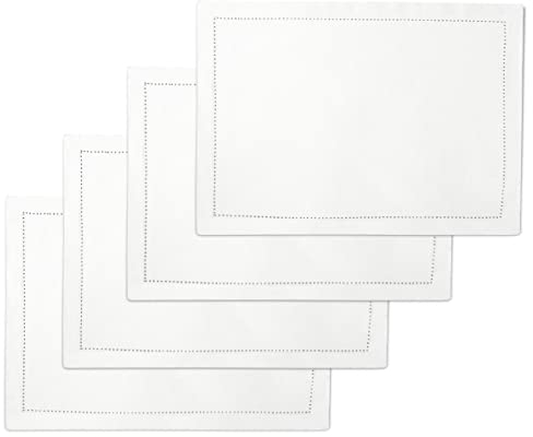 Encasa XO Placemats Set of 4 | Cotton Hemstitched Design | White | Rectangular 48x32 cm - Dining Table Mat | For Dining Table Fall Decoration, Holiday & Christmas Festivals - Machine Washable