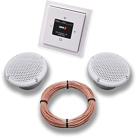 Busch Jäger DAB+ Unterputz Unterputzradio DAB Plus 8215 U – 101 Future Linear Studioweiß - Komplettset + 2 x Deckenlautsprecher Feuchtraum Badezimmer + 20 m Lautsprecherkabel 2x0,75 mm² 8215U-101