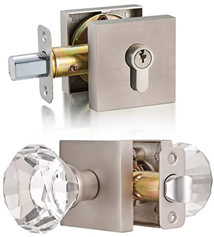 HIEMEY Glass Crystal Diamond Door Knobs and Single Cylinder Deadbolt Set,Brushed Nickel