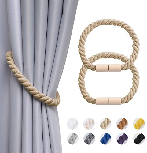 Pretty Jolly 2 stycken magnetiska gardinhållare av trä, Boho heminredning, draperade gardinhållare, handgjorda, bomullsrepp, gardinhållare för hem och kontor, fönstergardiner (Mörkbeige)