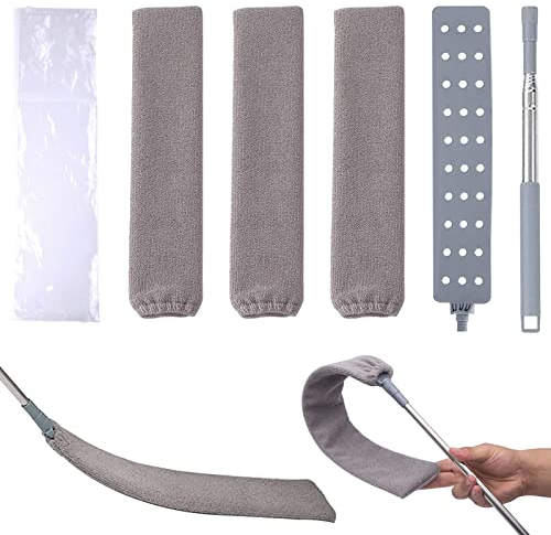 Amfrpar Cepillo Limpieza de Polvo Lavable Plumero de Limpieza Microfibra con Varilla Telescópica de Acero Inoxidable Plumero Plano Plumero Microfibra para el Hogar, Debajo de la Sofá y el Cama