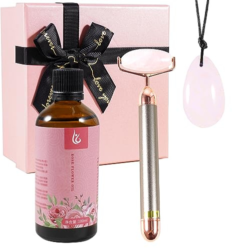 Soulnioi Rose Quartz Jade Skin Care Set-Jade Roller Face Roller, Facial Beauty Roller Skin Care Tools+Jade Egg Worry Stones Egg Rock Crystal Bulk Gemstone Polished Mineral Rock Egg Stones+Rose Oil