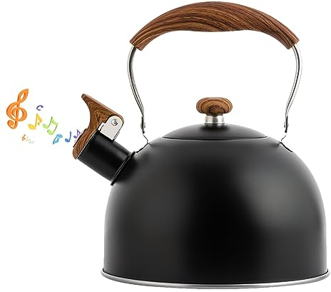 LOMUG Flötenkessel Wasserkessel, 2,5L Edelstahl Pfeifkessel mit Holzgriff Wasserkessel Camping Retro Design Whistling Teekessel Induktion Pfeifender Kessel für Küche Outdoor Gasherd Kaminofen Holzofen