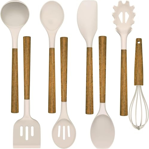 Lot de 8 ustensiles de cuisine avec poignée en bois, accessoires de cuisine en silicone, antiadhésifs, résistants à la chaleur, faciles à nettoyer (kaki)
