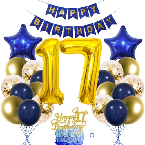 SNOWZAN 17 födelsedagsdekoration pojke flicka ballong dekoration 17. Födelsedagsdekoration pojke marinblå guld födelsedag tårtdekoration 17. Födelsedagsdekoration ballong 17-årsdag grattis på