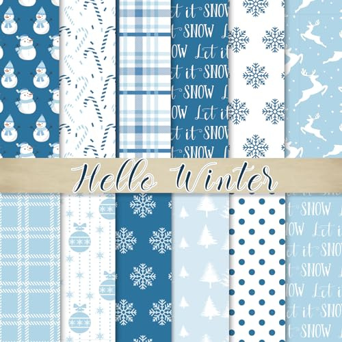 Whaline 60Pcs Winter Pattern Paper Snowflake Snowman Scrapbook Specialty Paper Blue Decorative Craft Papers for Winter DIY Card Making Photo Album Journal Decoration, 5.5 x 8.3 Inch