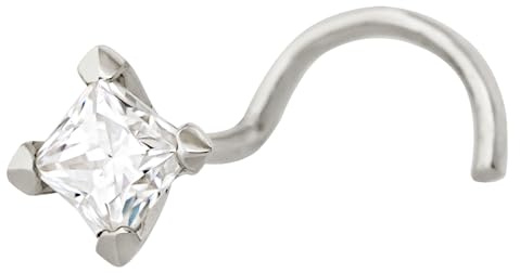 V-Prong Set 2.5mm Princess Cut Moissanite 14K White Gold Nose Screw Stud - Unisex 22G Cork-screw Nose Ring Stud - April Birthstone NSWG-25PSMNT