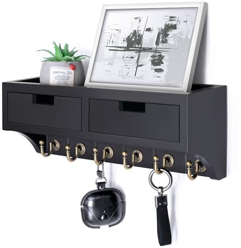 Rebee Vision Key Holder Wall Mount with 2 Drawers for Home Decor, Black