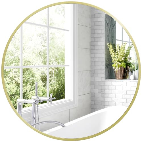 HOMCOM Round Bathroom Mirror, Modern Wall-mounted Vanity Mirror with Aluminium Frame and Easy Install Hook for Living Room, Entryway, 60 x 60cm, Gold Tone