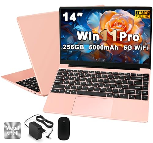 PC Portatile Computer Portatile Win11 Notebook 14 Pollici 6GB 256GB SSD Expansion 1TB, Laptop Celeron N4020 fino a 2.8GHz, 5000mAh 5G WiFi BT4.2 Supporto Mouse Wireless & Protezione Tastiera-Oro