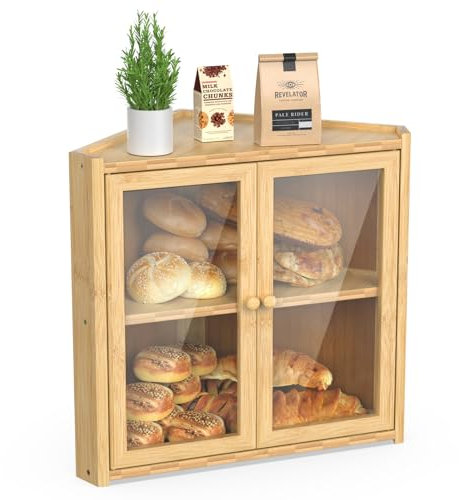 BAMBANG Corner Bread Box for Kitchen Countertop, Double Layer Bamboo Bread Storage Container with 2 Doors, Farmhouse Large Bread Bin Counter Top, Wooden Breadbox Holder for Homemade Bread, Natural