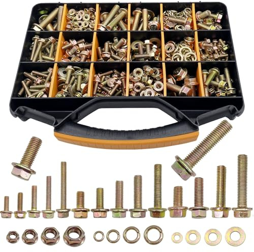 820pcs Metric Flange Bolt Assortment, Bolts and Nuts Kit, M6x1.0, M8x1.25, M10x1.5, M12x1.75(16mm to 50mm) Bolts and Nuts Assortment, Flange Hex Bolts and Nuts Washers Kit, Yellow Zinc, 16 Sizes