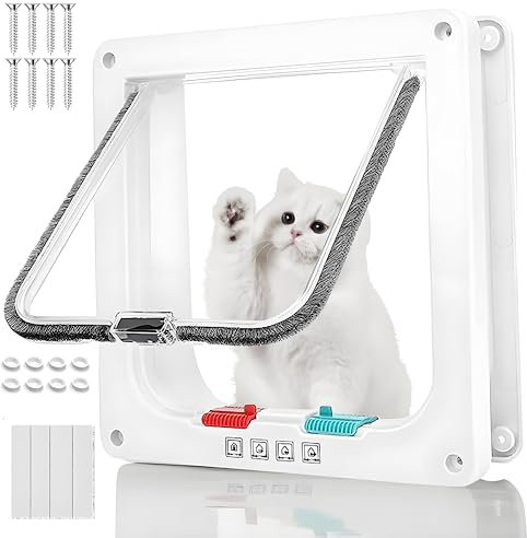 Große Katzenklappe (Außen Größe 28 x 24.9 cm),4 Wege Verriegelung große Katzentür,Katzenklappe Innentür,Hundeklappe,Katzenklappe Außentür,Wetterfeste Katzentür für Innen Außentür,Fenster,Wand