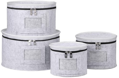4 recipientes de almacenamiento de porcelana con 48 protectores divisores de 7/8.5/10/12 pulgadas, apilables, soporte para platos de fieltro antideslizante, doble cremallera, caja de almacenamiento de