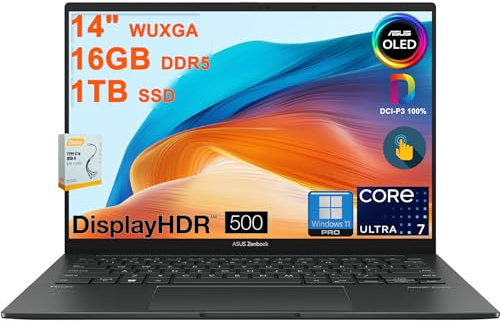 ASUS Zenbook 14 OLED Laptop | 14 WUXGA Lumina OLED Touch (100% DCI-P3, 500nits HDR) | Intel 16-core Ultra 7 255H (Up to 13 Tops) | 16GB DDR5 1TB SSD | Backlit Fingerprint Win11Pro w/DLCA Accessory
