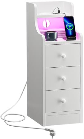 ChromaCasa Comodino sottile con illuminazione a LED, 30 x 25 cm, con presa 2 AC + 2 USB, 3 cassetti, luce Bluetooth, perfetto come armadio per nicchia, tavolino o scaffale sottile (bianco)