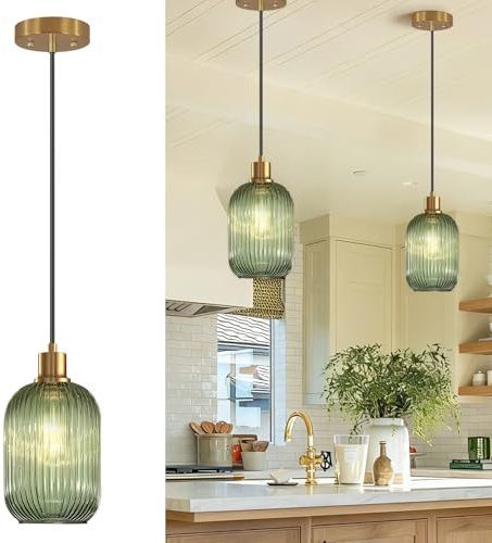 2 Pack Pendant Lights with Vintage Green Ribbed Glass Lampshade, Adjustable Brushed Gold Pendant Lights Fixtures for Kitchen Island Lighting Sink, Dining & Living Room Hallway (Bulbs Not Included)