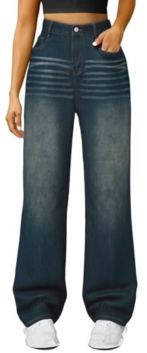 Stretchiga raka ben jeans för kvinnor UK magi formande breda ben jeans push-up rumplyft stretchbyxor hög midja avslappnad passform denim byxor med fickor ledig passform, Mörkblått, XXL